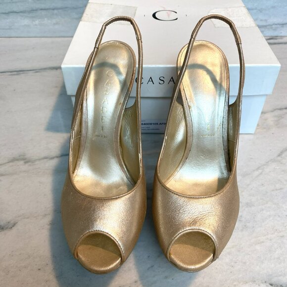 CASADEI Aluminum Caramel Peep Toe Platform Leather Heels Size 7-1/2 - Picture 2 of 9